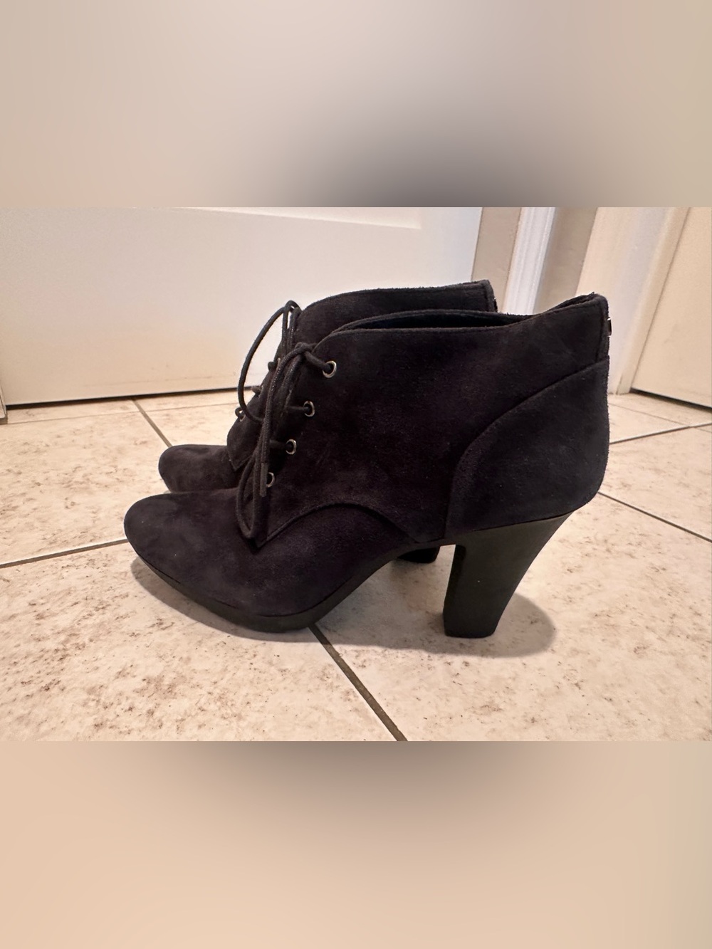 Navy Blue Bandolino Suede Lace-Up Women’s Ankle Bootie
